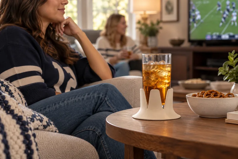 Iced tea in Sand Steadi on a side table beside a seated guest. AI lifestyle illustration.