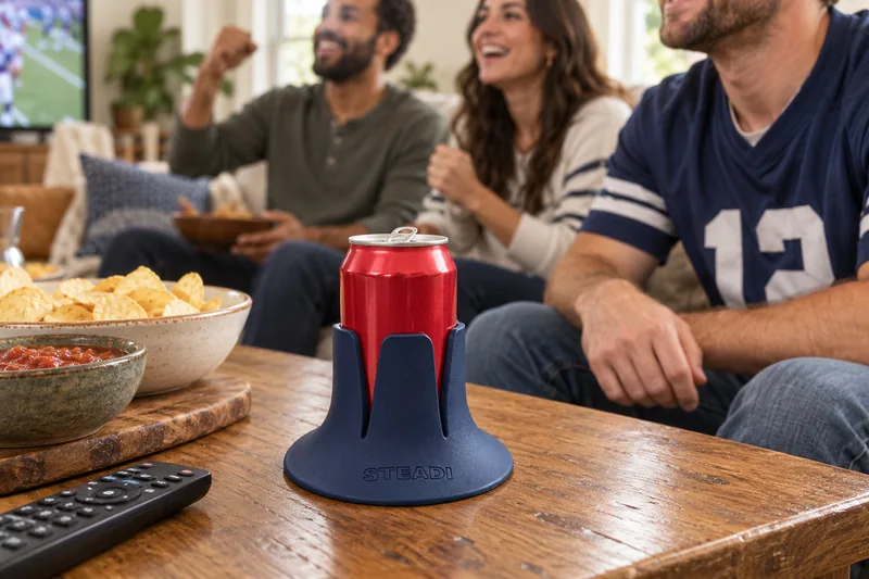 An opened soda can in Navy Steadi beside guests watching the game. AI lifestyle illustration.