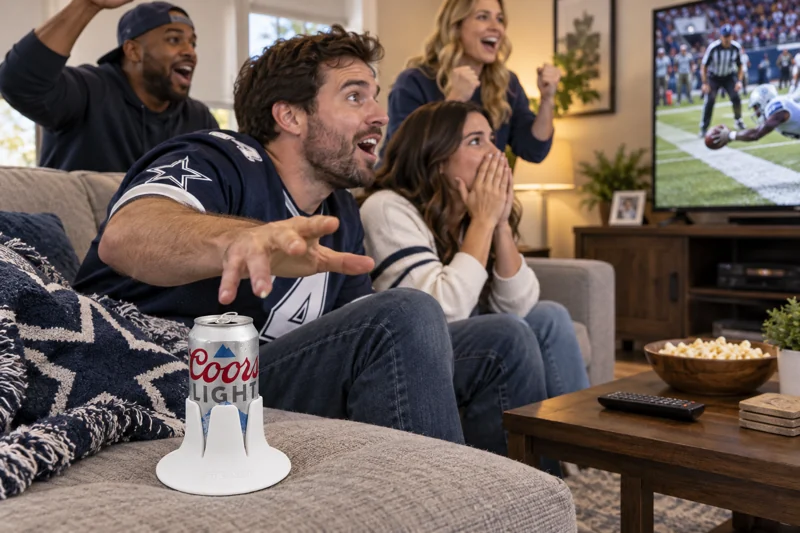 Friends reacting to a close play on living-room television with opened beer can in Steadi on broad firm level sofa cushion near adult viewer away from blanket edge. AI illustration.