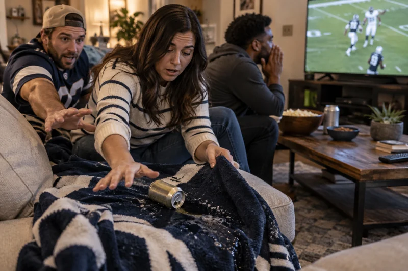 An excited reach catches beer on the couch; it soaks the team blanket. AI illustration.